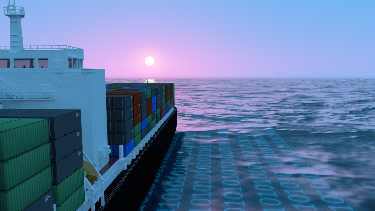 A shipping container ship sailing next to a sea of ones and zeroes