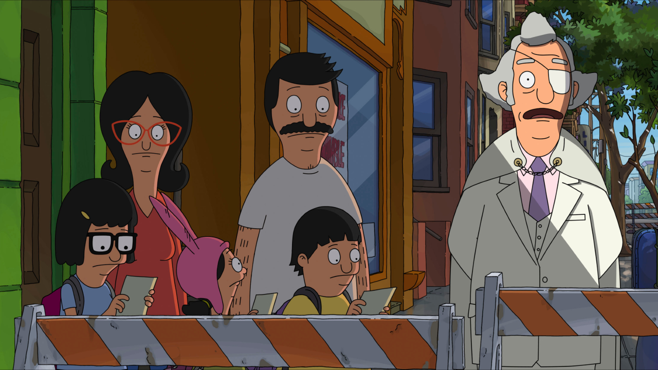 The Belchers talk with Mr Fischoeder near the sinkhole in The Bob's Burgers Movie.