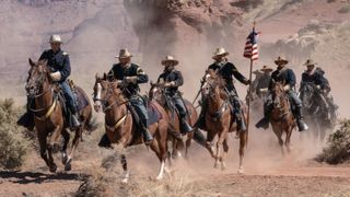 Soldiers on horseback in a scene from "Horizon: An American Saga"