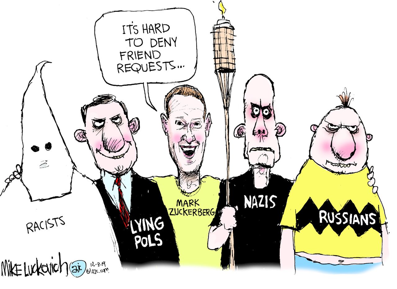 Editorial Cartoon U.S. Mark Zuckerberg Facebook Friend Requests Racists Lying Pols Nazis Russians