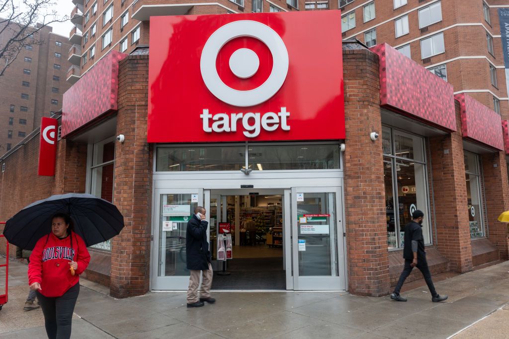 The outside of a Target store in Manhattan on a rainy day