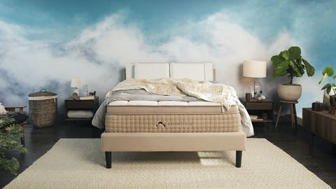 DreamCloud Luxury Hybrid mattress review: The DreamCloud shown on a beige bed frame and placed against a wall covered in a blue and white cloud mural