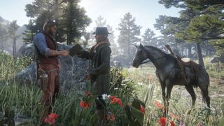 Two characters talking in a field of poppies in Red Dead Redemption 2