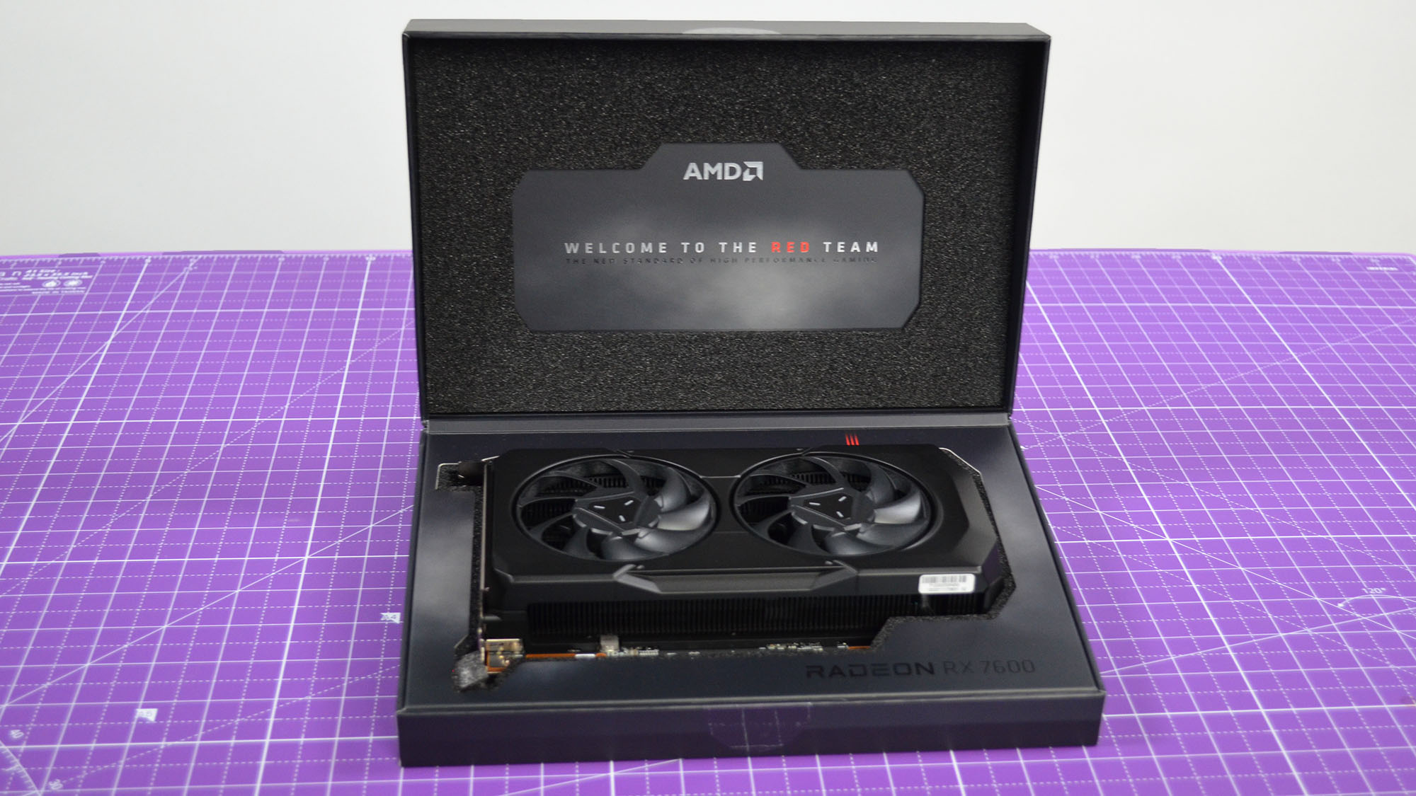 An AMD Radeon RX 7600 on a desk