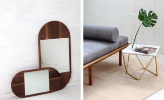 LEFT: 2 capsule shaped mirrors embedded in brown wood resting against a white wall (one vertical and one horizontal); RIGHT: grey day bed with brown wood base and gold side table with marble top