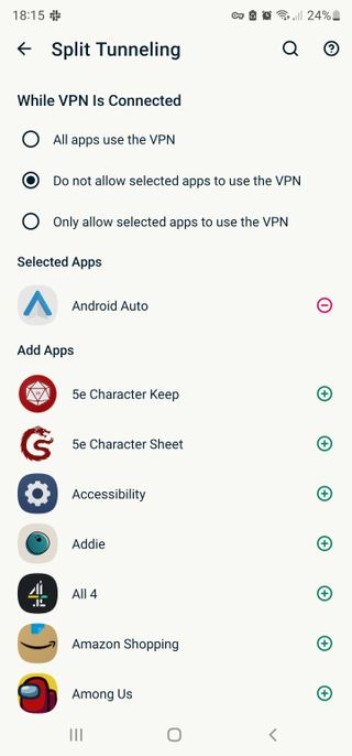 Android Auto showing in the ExpressVPN app's split tunneling menu on Andreas Theodorou's Samsung Galaxy Note Ultra