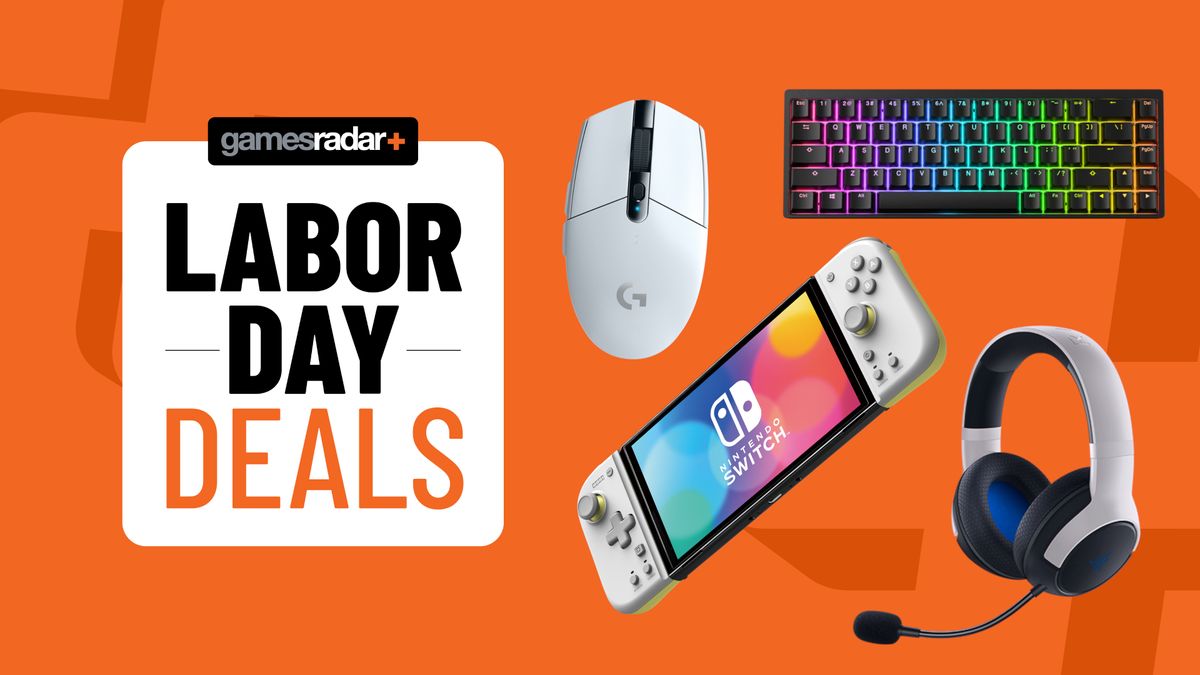 Gaming accessories on an orange background with Labor Day deals badge