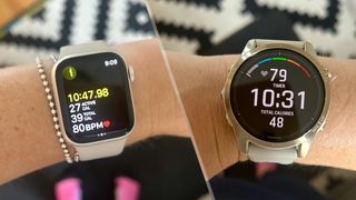 a photo showing heart rate on the Apple Watch 8 and the Garmin Epix Pro