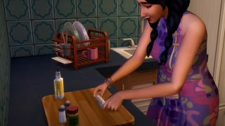 Woman cuts food on a chopping board in The Sims 4