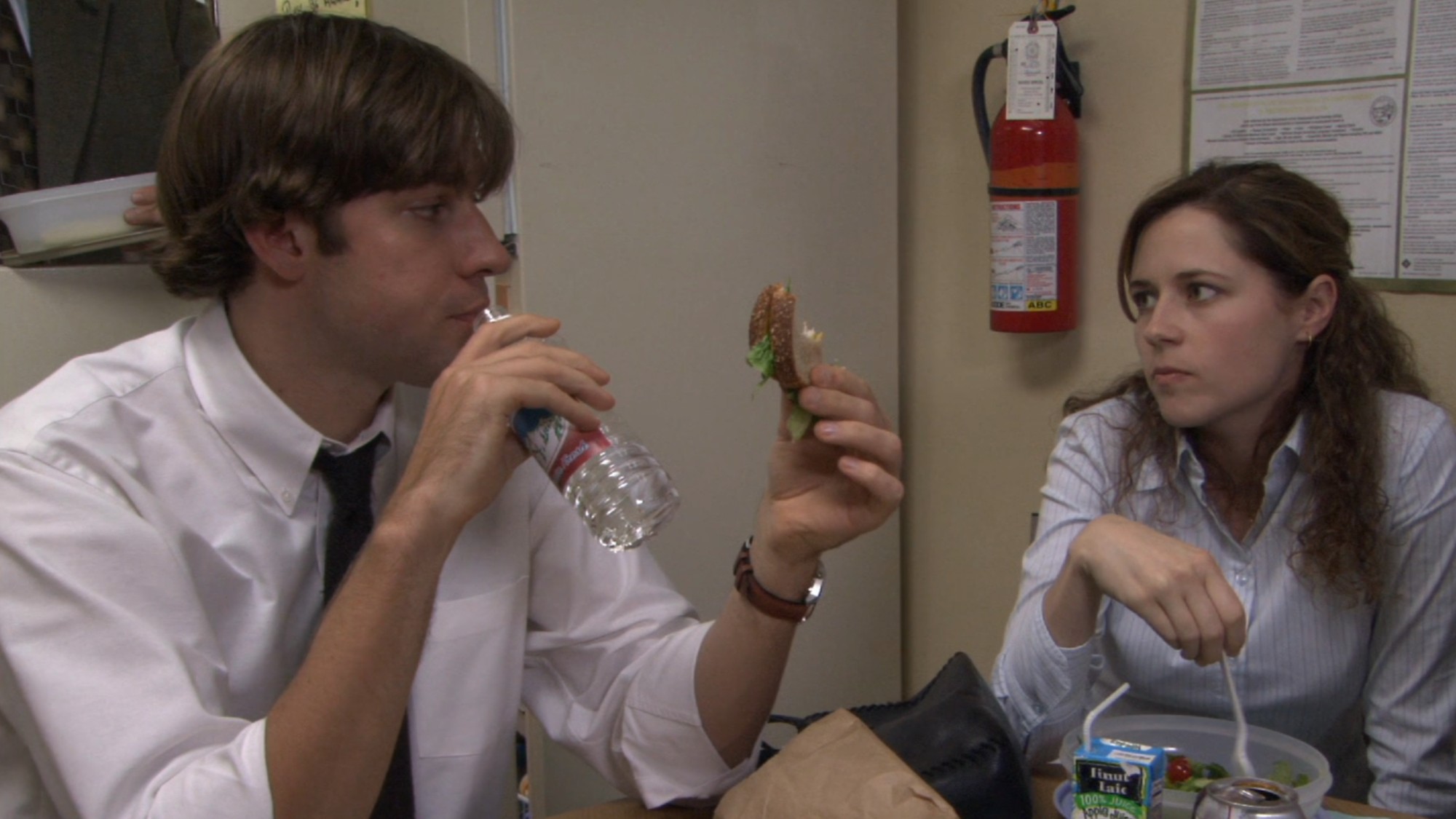 Jim and Pam eating on The Office.