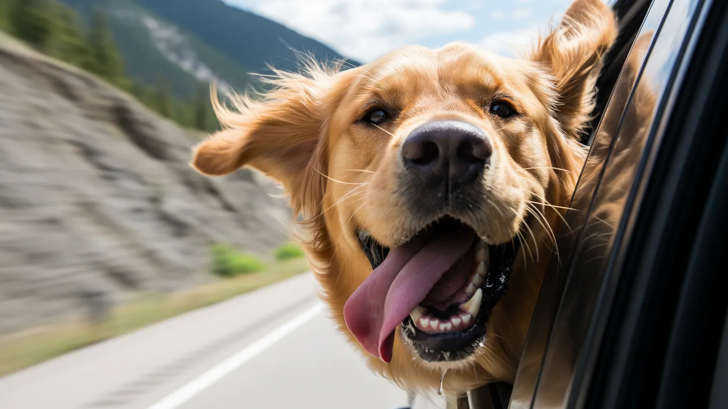 A sample graphic generated by Google Imagen 4 of a golden retriever sticking its head out of a car window