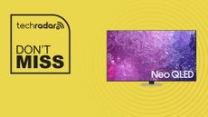 Samsung QN90C TV on yellow background with don't miss text overlay