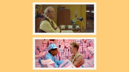 The Wes Anderson Trend: Bill Murray in The French Dispatch and Tony Revolori and Saoirse Ronan pictured in 'The Grand Budapest Hotel' film by Wes Anderson/ in a yellow template