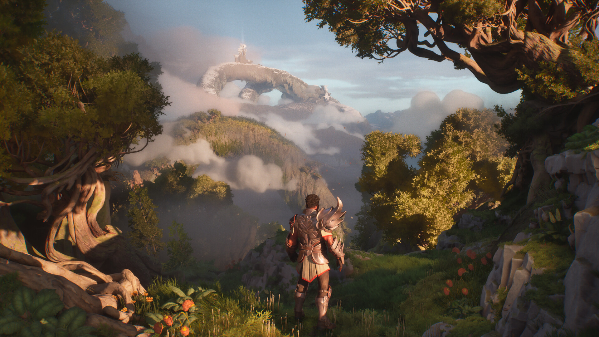 Guild Wars 3 promotional screenshot showing a male character on a cliff in a woodland clearing, looking down over cloud-topped treetops