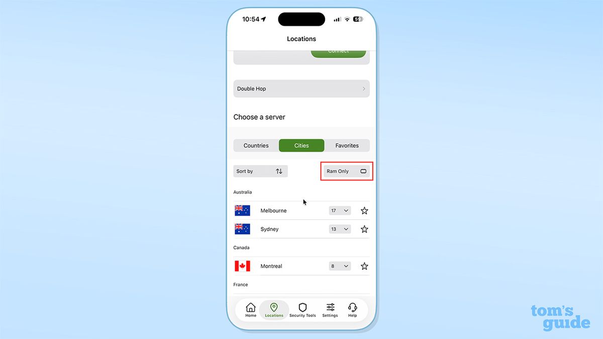 IPVanish's iPhone app, with the new RAM-only server filter marked in red