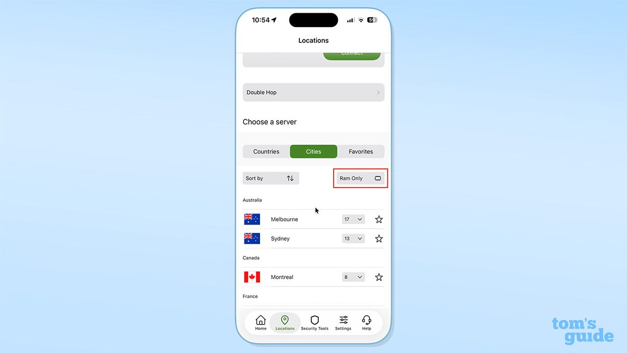 IPVanish's iPhone app, with the new RAM-only server filter marked in red