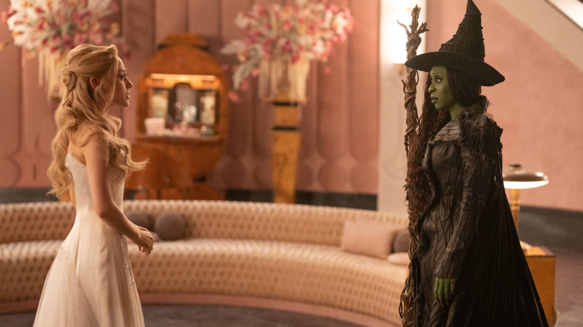 Ariana Grande as Glinda and Cynthia Erivo as Elphaba in Wicked: For Good