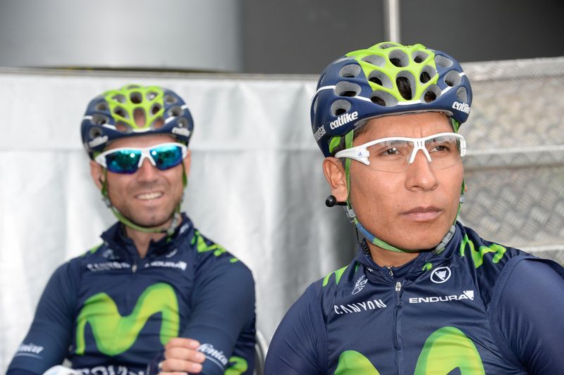 Alejandro Valverde and Nairo Quintana (Movistar) relax before the start of the race