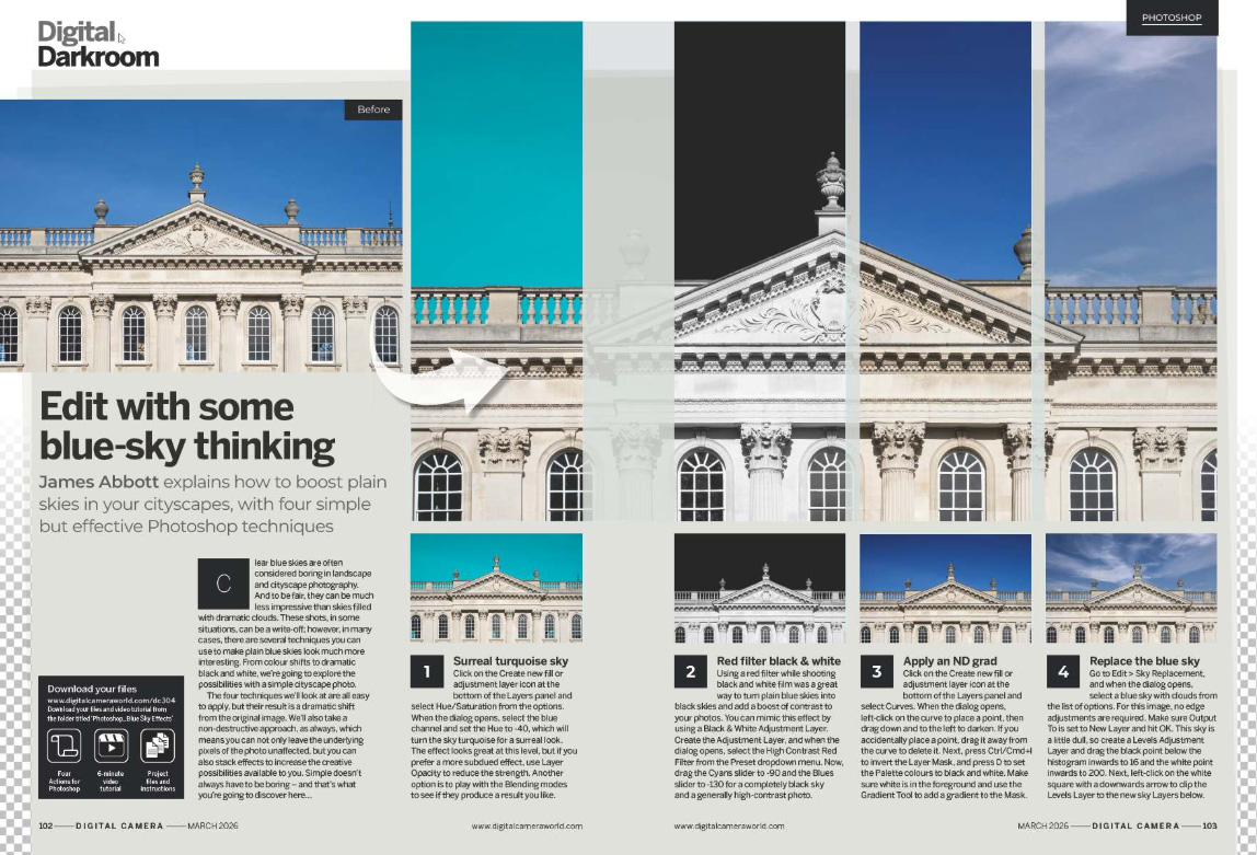 Image showing the Get the Look tutorial in issue 304 (March 2026) of Digital Camera magazine, about boosting plain skies in cityscape photos using Adobe Photoshop