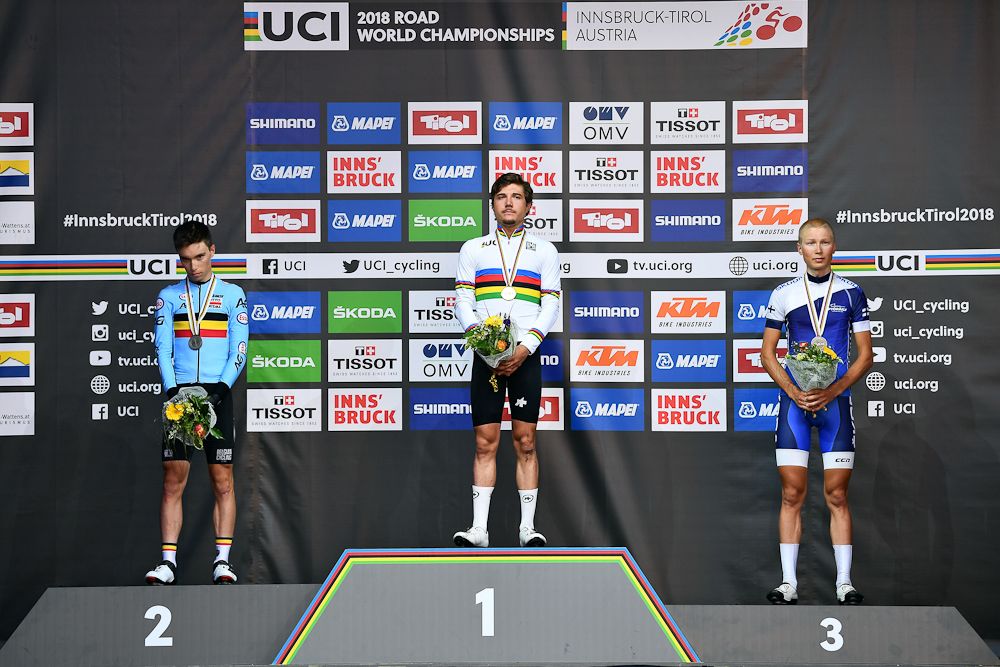 Bjorg Lambrecht, Marc Hirschi and Jaakko Hanninen on the 2018 U23 road race podium
