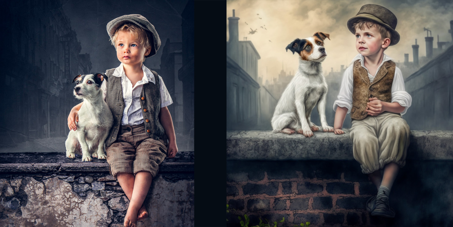 Photographers by Antti Karppinen alongside his AI recreations using MidJourney