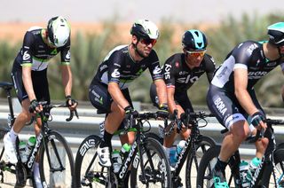 Peter Kennaugh (Team Sky) and Mark Cavendish of Dimension Data chat mid-training ride