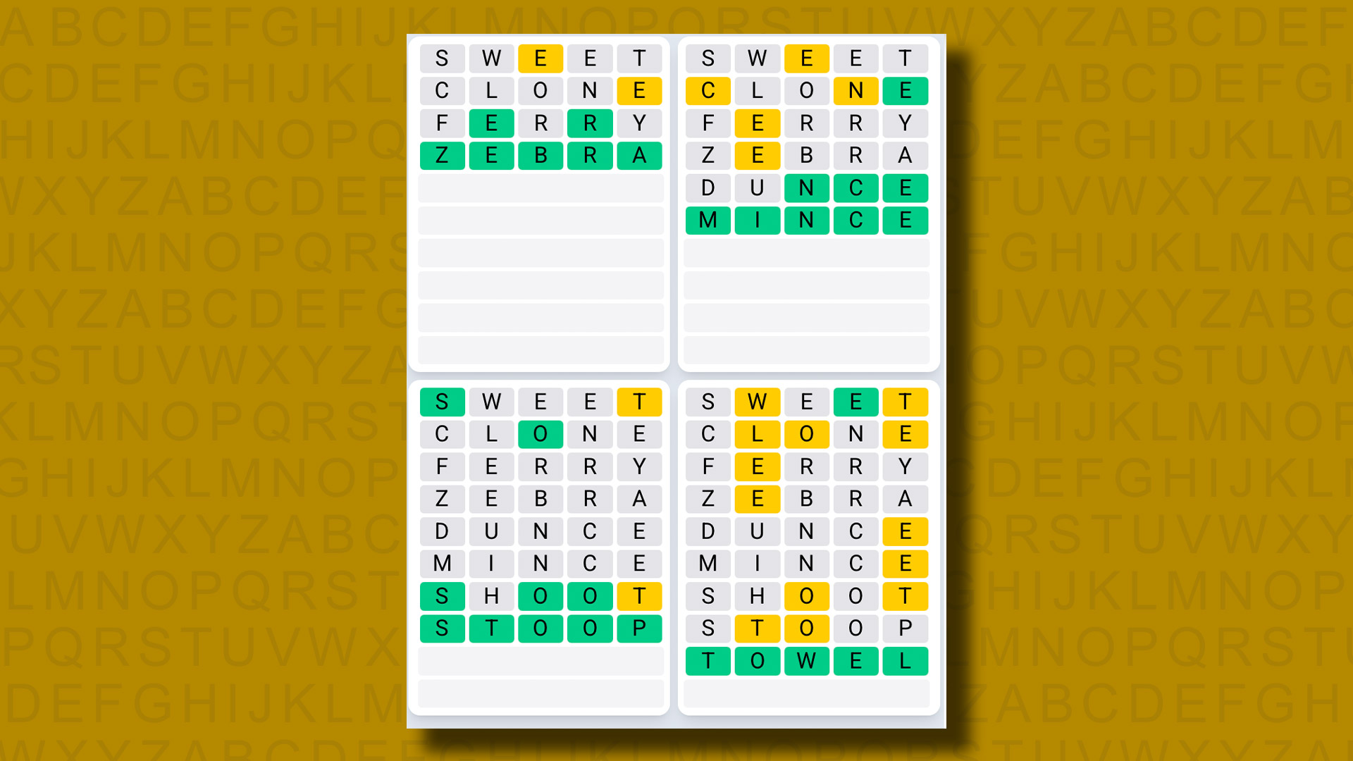Quordle Daily Sequence answers for game 1256 on a yellow background