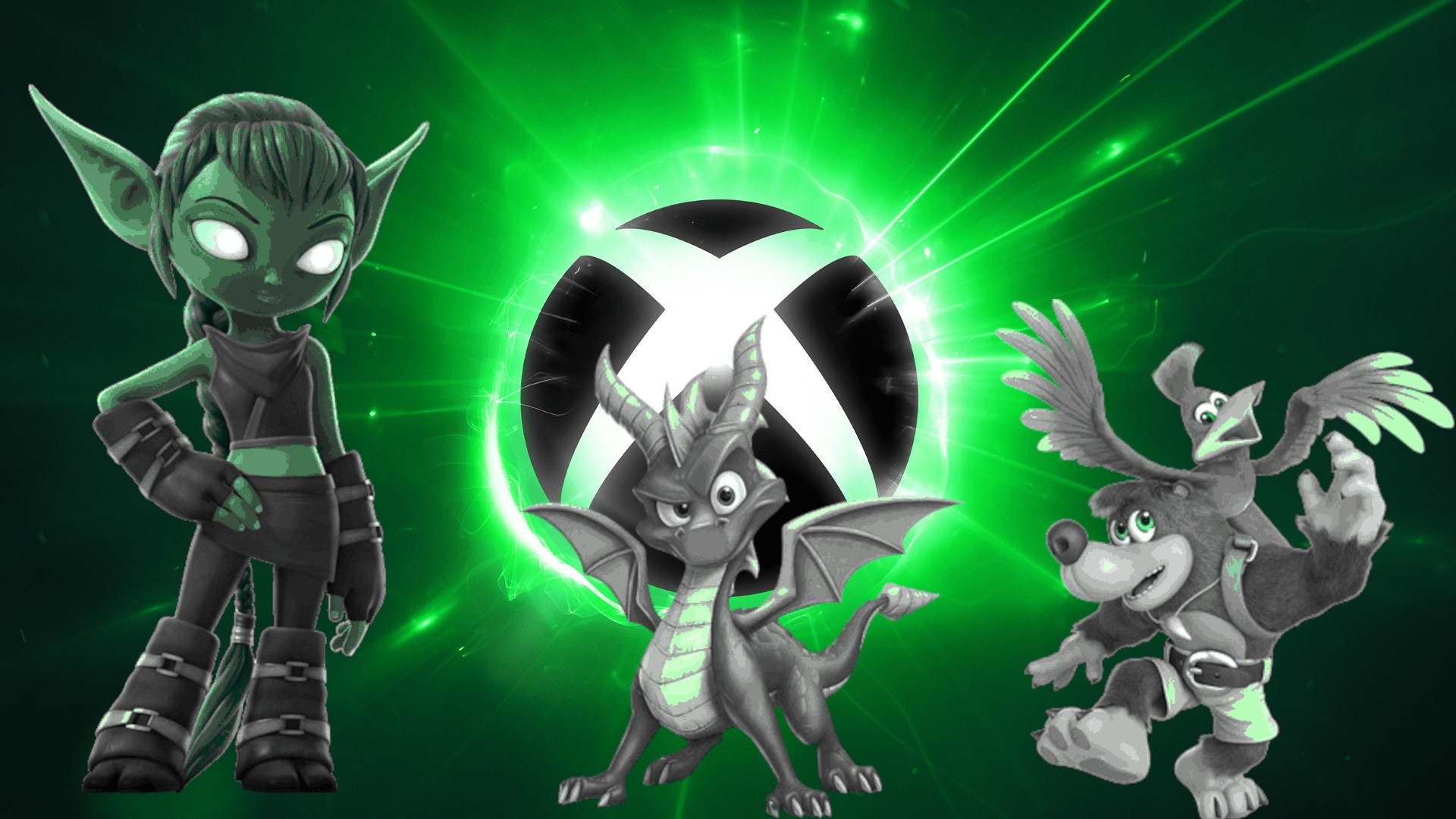 Logo Xbox di belakang karakter dari IP milik sendiri seperti Stealth Elf dan Spyro, serta Banjo dan Kazooie