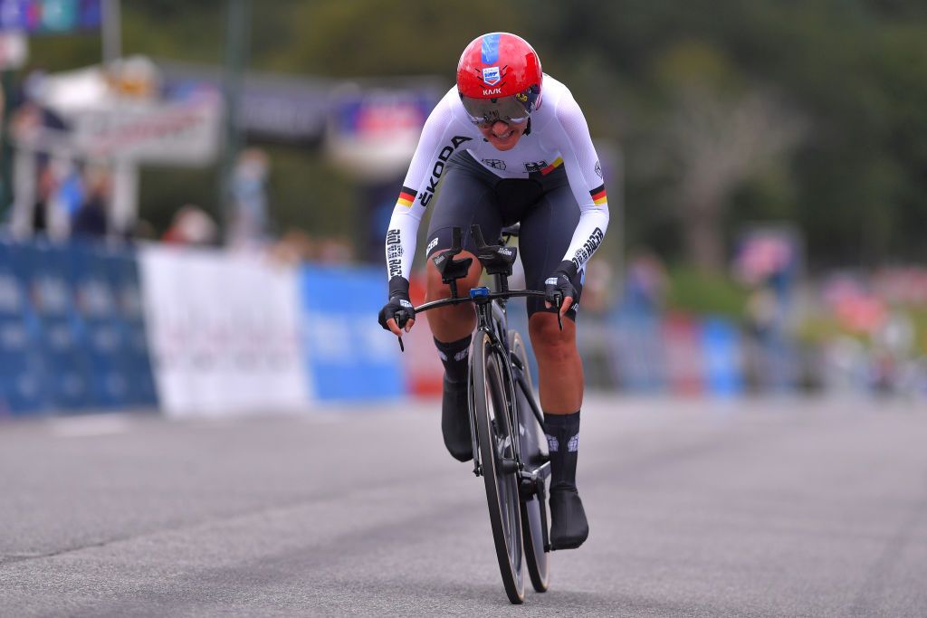 PLOUAY FRANCE AUGUST 24 Arrival Lisa Brennauer of Germany during the 26th UEC Road European Championships 2020 Womens Elite Individual Time Trial a 256km race from Plouay to Plouay ITT UECcycling EuroRoad20 on August 24 2020 in Plouay France Photo by Luc ClaessenGetty Images