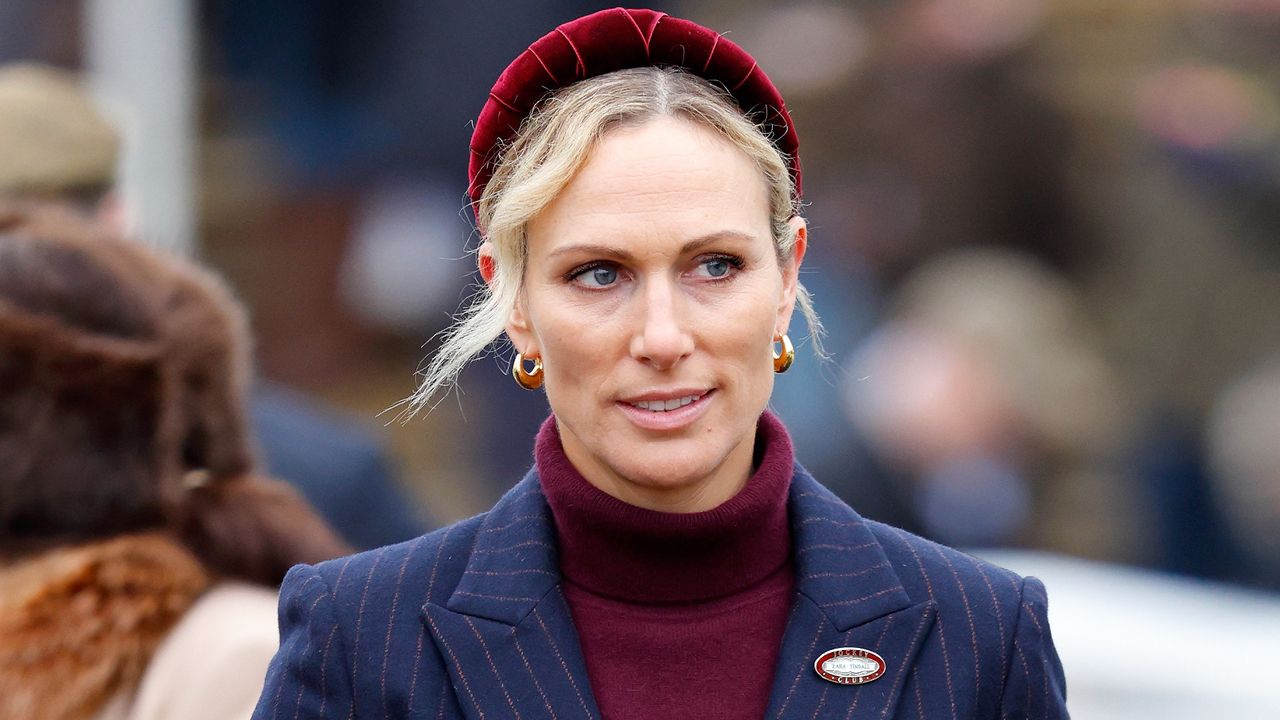 Zara Tindall, wearing a pinstripe suit, attends the New Year&#039;s Day Racing Meet at Cheltenham Racecourse on January 1, 2025