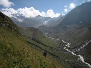 Western Himalaya, India, Upper Tons Valley, Towards Bandarpunch Glacier. The photo shows lateral moraines of Bandarpunch Glacier, which formed about 200 to 300 years ago. The front of the glacier is about 2 kilometers away, which is the distance the glacier has retreated since then.