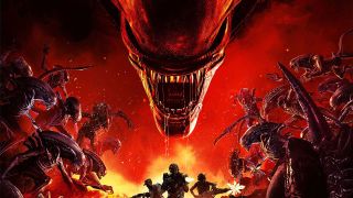 Image from the video game Aliens: Fireteam Elite. In the top center, dominating most of the image, is a close up of a snarling Alien mouth dripping with saliva. On either side of the head are a massive horde of Aliens. This is all against a fiery red and yellow background.