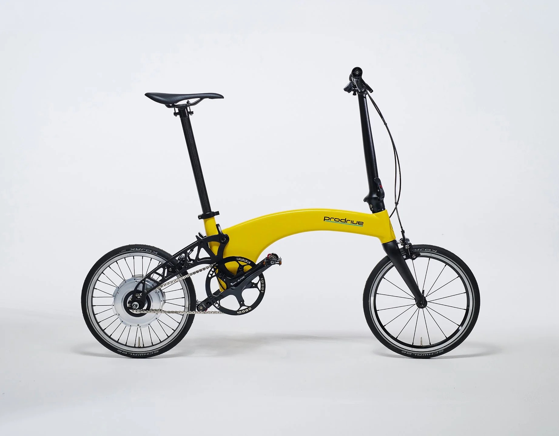 A yellow folding electric bike with 16 inch wheels. A curved single down tube creates a cool aesthetic.