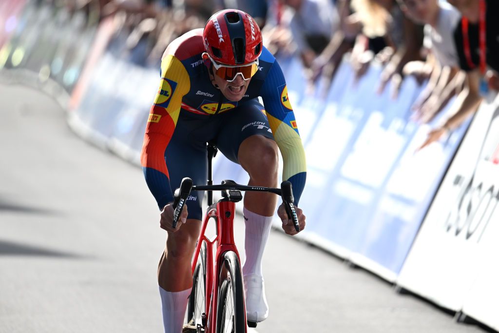 ST WENDEL GERMANY AUGUST 23 Mads Pedersen of Denmark and Team Lidl Trek sprints during the 38th Deutschland Tour 2023 Prologue a 23km individual time trial stage from Sankt Wendel to Sankt Wendel on August 23 2023 in St Wendel Germany Photo by Christian KasparBartkeGetty Images