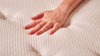 A hand presses against the surface of the Plank Firm Mattress, feeling the temperature, firmness, and pressure relief