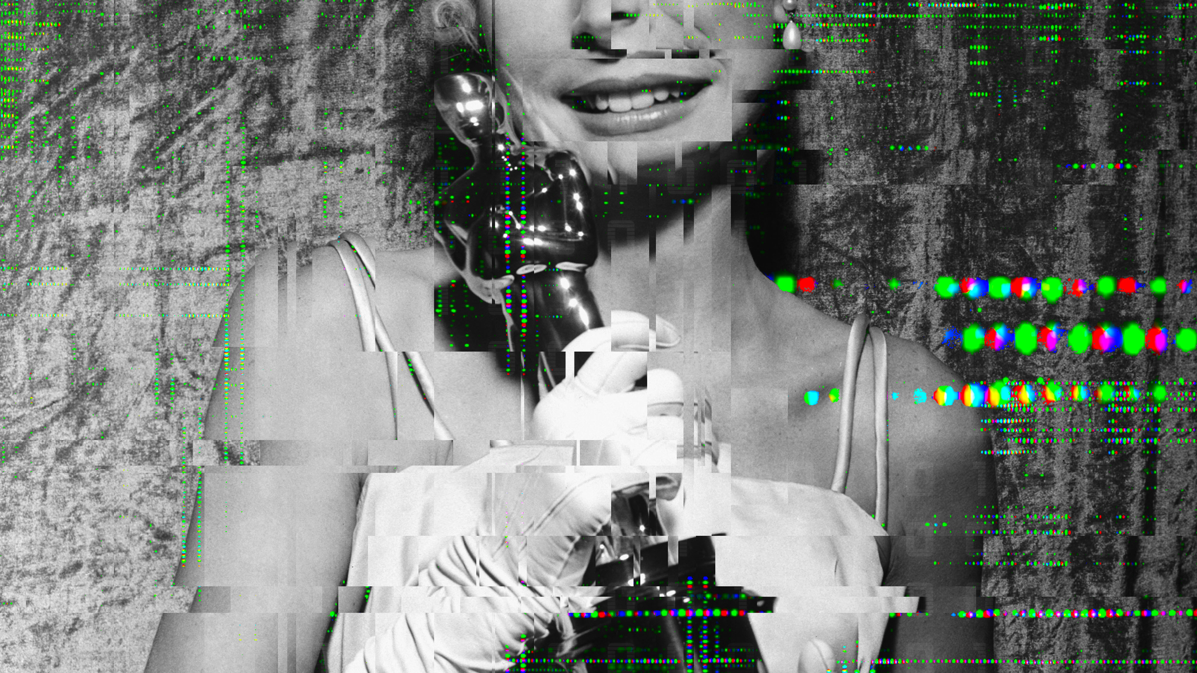 Black-and-white close-up of a woman in white gloves holding a statuette, with heavy digital glitch effects and colored pixel distortions obscuring parts of her face and body.