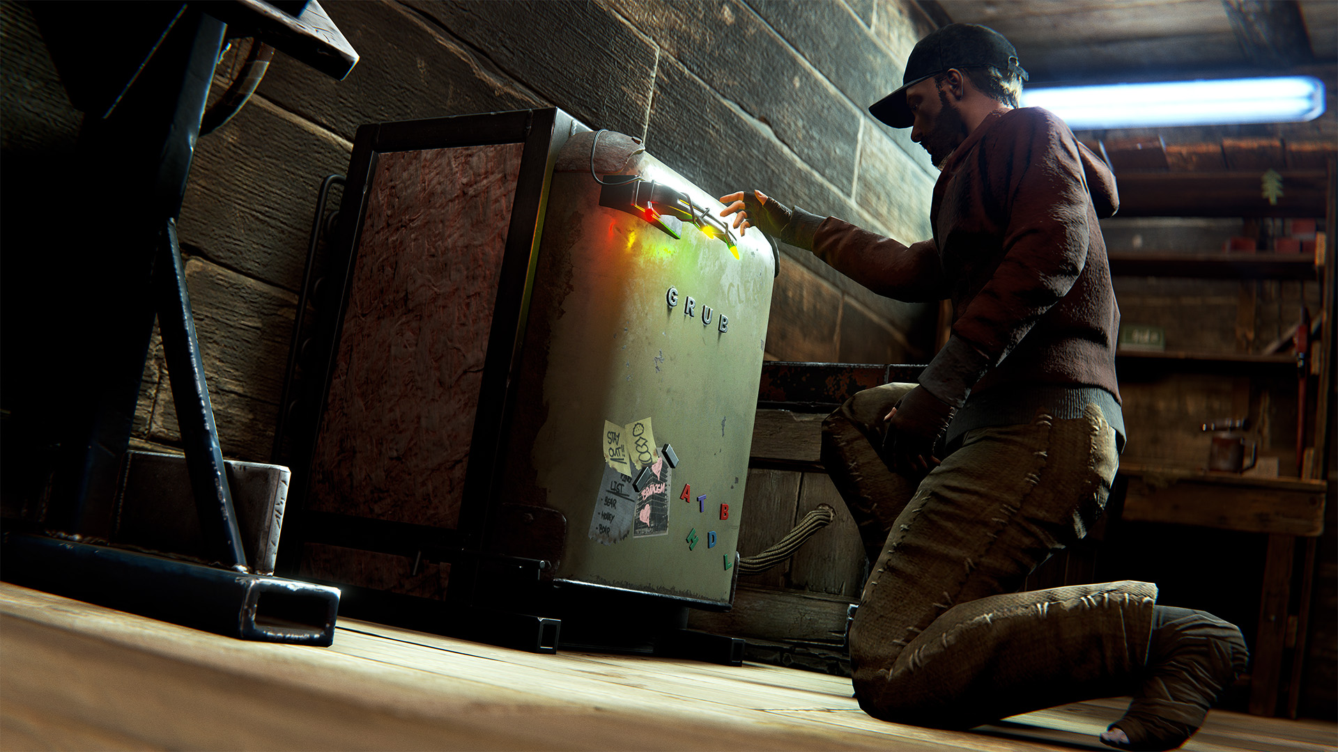 A rust player kneels as he admires his new mini-fridge.