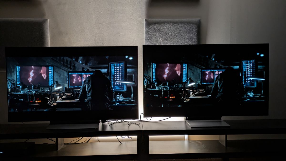 LG C6 (left) and Samsung S90H (right) showing shot of Bruce in the Batcave from The Batman. Both TVs set to Filmmaker Mode, the C6 delivers better shadow detail and more even contrast
