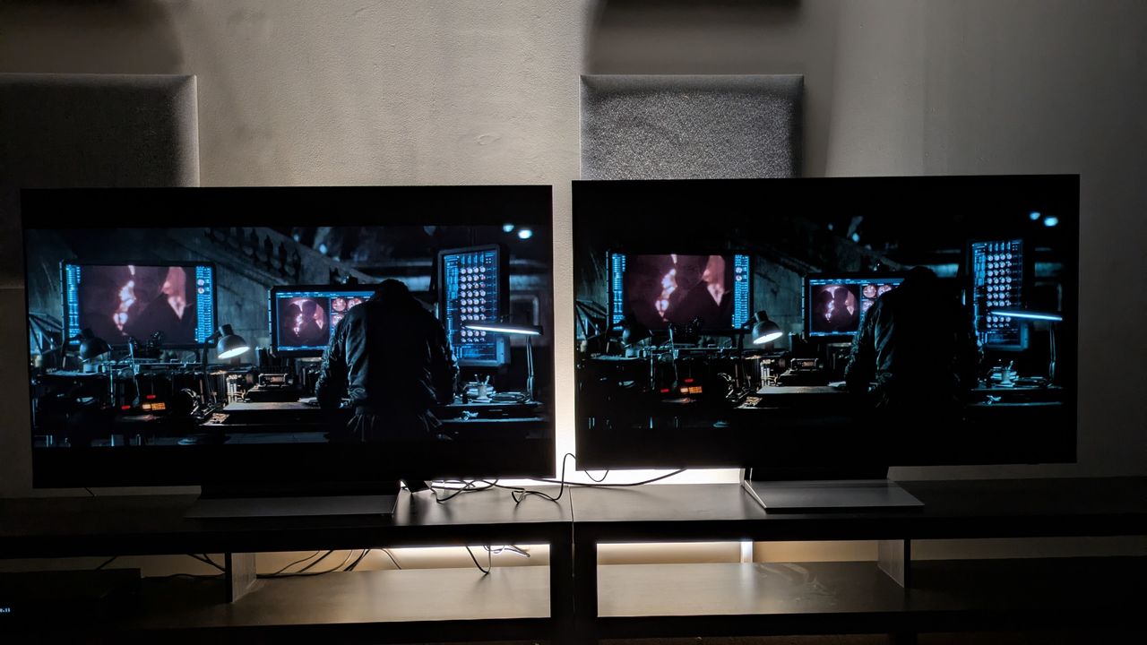 LG C6 (left) and Samsung S90H (right) showing shot of Bruce in the Batcave from The Batman. Both TVs set to Filmmaker Mode, the C6 delivers better shadow detail and more even contrast