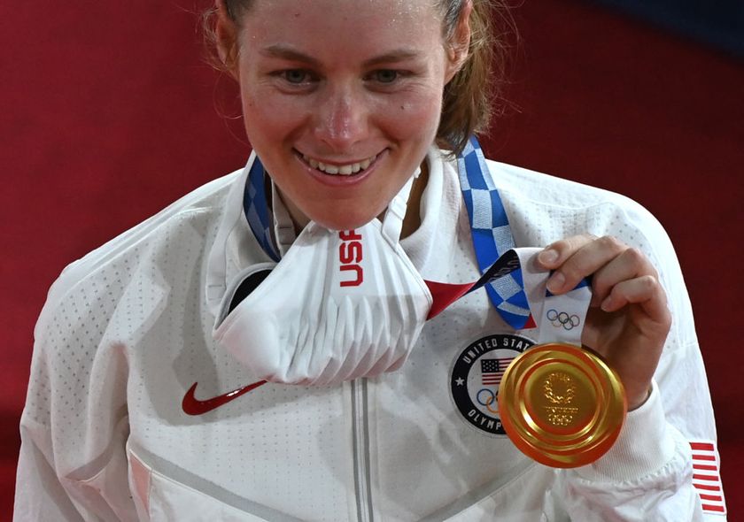 Gold medallist USAs Jennifer Valente poses with her medal after the womens track cycling omnium event during the Tokyo 2020 Olympic Games