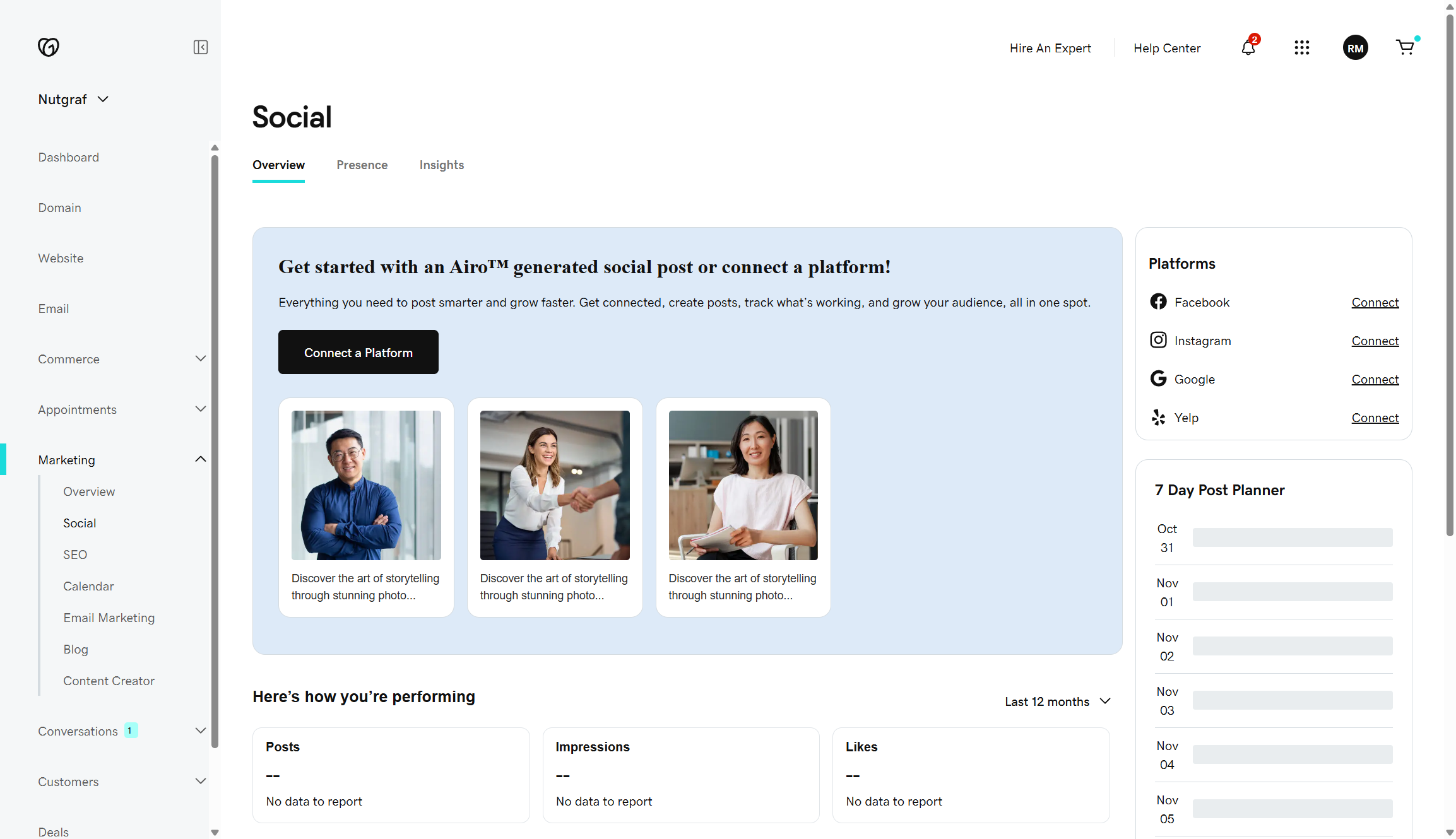 Screenshot of GoDaddy website builder&#039;s social media management dashboard, it offers suggested posts created by AI.