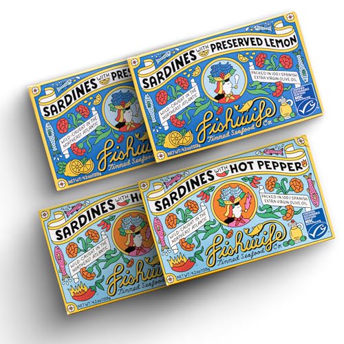 Fishwife Sardine Quad 4-Pack (2x Sardines With Lemon, 2x Sardines With Hot Pepper) | Wild-Caught & Hand-Packed With Spanish Extra Virgin Olive Oil | Msc-Certified Sustainable Seafood, High Protein, Gluten Free, Paleo Friendly, Keto Friendly