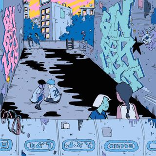 Gingerlys album cover illustration shows children playing in a graffiti-strewn alley