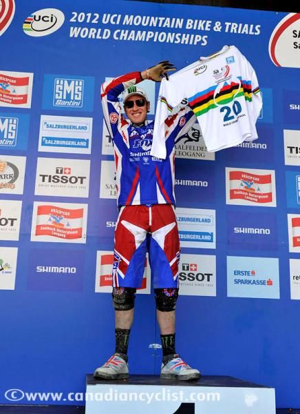 The UCI presented Steve Peat (Great Britain) with a special rainbow jersey in honour of his 20th Worlds