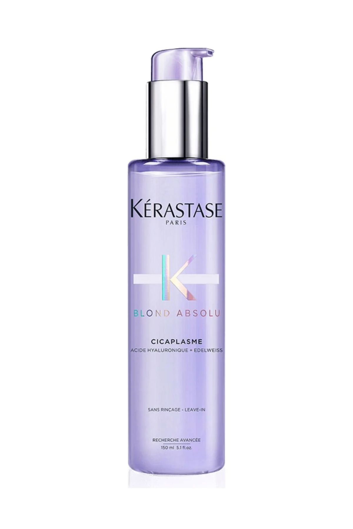 a purple bottle of Kerastase heat protectant with black writing and a pump top