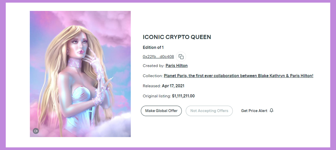 how to make and sell an NFT: Paris Hilton's Iconic Crypto Queen NFT listed on Nifty Gateway