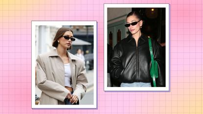 Hailey Bieber sunglasses: two pictures of Hailey wearing a pair of black, rectangle sunglasses/ in a pink and yellow template