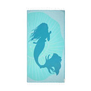 A blue beach towel with a Little Mermaid print