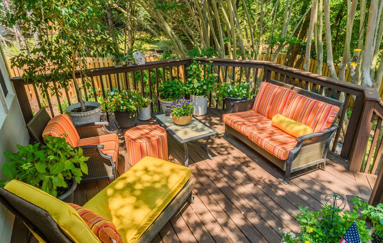 Backyard Patio Full Of Furniture And Plants