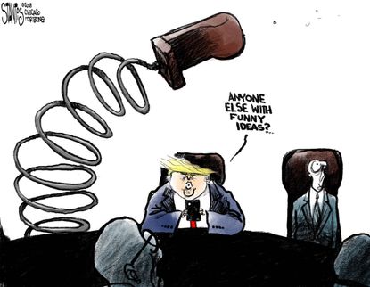 Political cartoon U.S. Trump White House revolving door chaos tweet
